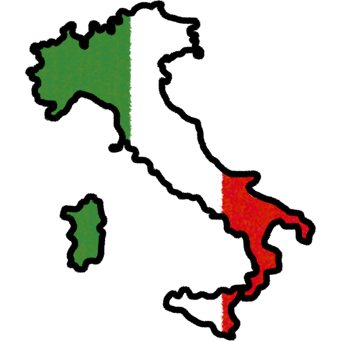 A land mass matching the shape of italy with a black outline and the interior matching the italian flag: 3 stripes green, white, then red.